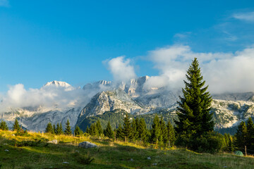 Obraz premium Majestic Mountain Peaks Rising Above a Serene Valley in the Julian Alps