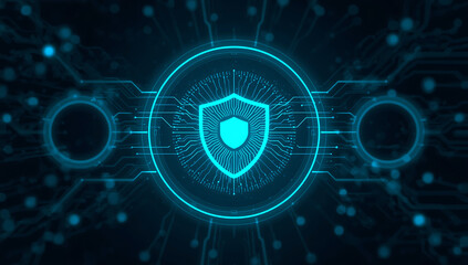 Futuristic glowing blue shield emblem representing digital security and cybersecurity protection on a dark background