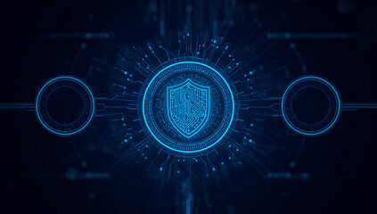 Futuristic digital shield emblem glowing with blue light on a dark technological background