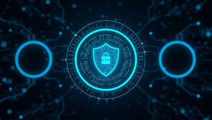 Digital shield and padlock emblem glowing with blue neon light on a dark circuit board background symbolizing cybersecurity