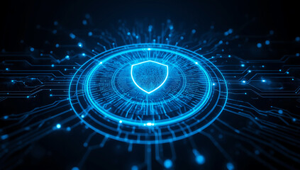 Abstract glowing blue shield emblem with digital circuitry and light particles on a dark background