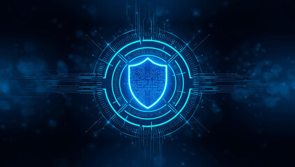 Futuristic glowing blue shield emblem with digital circuit patterns representing cybersecurity and data protection