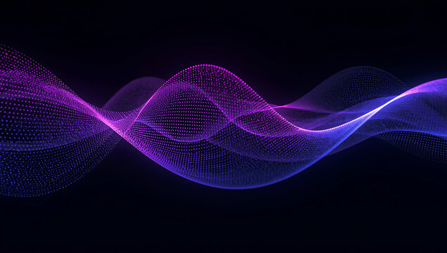 Abstract flowing purple and blue digital wave pattern with glowing particles on a dark background