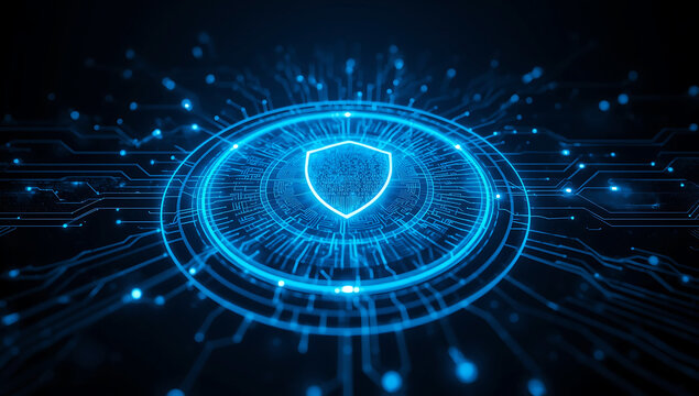 Abstract glowing blue shield emblem with digital circuitry and light particles on a dark background