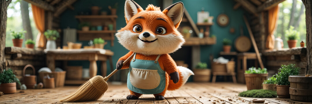 cute cartoon fox sweeping the floor with a broom in his house