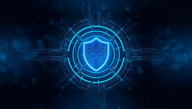 Futuristic glowing blue shield emblem with digital circuit patterns representing cybersecurity and data protection