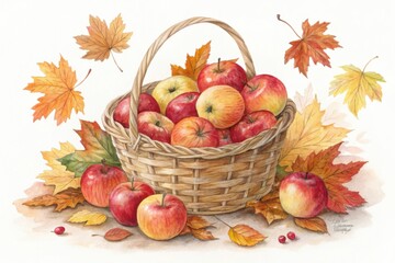 Wicker basket overflowing with ripe red apples and autumn leaves