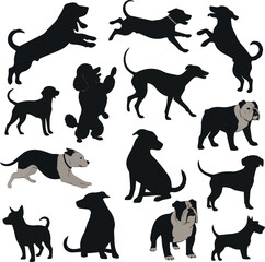 Isolated a kinds of deferent Playful dog silhouettes in various poses, perfect for animal lovers vector art with white background.