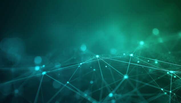 Abstract glowing green network of connected nodes and lines with a dark futuristic background