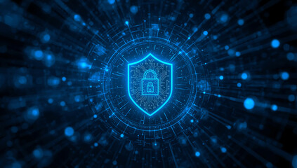 Digital shield emblem glowing with blue light representing cybersecurity and data protection in a futuristic network