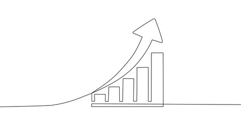 Continuous line vector of a growing bar chart with an upward arrow, symbolizing financial growth, business success, profit increase, positive trend, and economic progress for investment and strategy.
