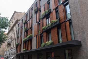 Fototapeta premium The contemporary architectural design of this urban building showcases a harmonious blend of lush green plants and rich wood accents, set against the backdrop of a bustling city during daylight hours