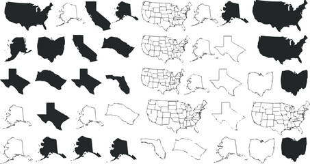 Isolated a USA states map outlines and silhouettes, 50 America states, including New York, California, Texas, Florida, Ohio, vector illustration for educational, geographic, design, travel vector art.
