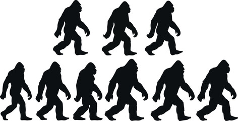 Isolated a Bigfoot silhouette, mythical creature silhouette sequence. Ideal bigfoot for cryptozoology, folklore enthusiasts. Mysterious walking beast, legend, Sasquatch, Yeti, enigma,  vector art.