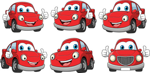Happy red cartoon car with big eyes, smiling face, thumbs up, vintage style, cheerful vehicle, blue eyes, friendly expression, isolated background, children’s illustration, vector art