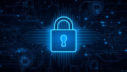 Glowing blue digital padlock icon on a dark circuit board background representing cybersecurity and data protection