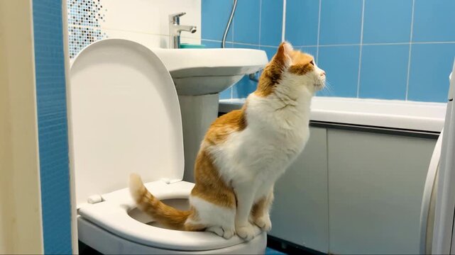 Cute cat using human toilet bowl in bathroom