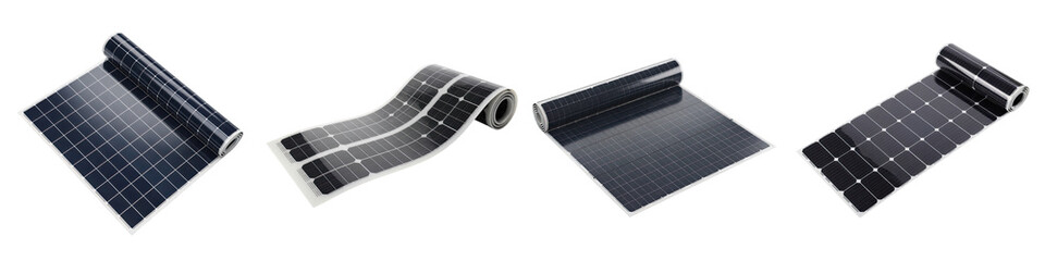 Flexible rollable solar panel sheet isolated on transparency background with black photovoltaic cells and grid pattern for energy use