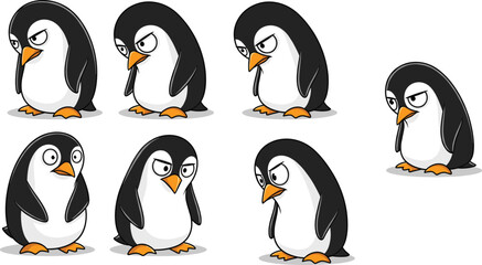 Sad cartoon penguins set, emotional characters, vector illustration, depressed penguin poses, cute arctic bird, animal clipart, penguin emotions, comic style, children’s design