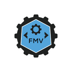 12FMV Industrial Gear Logo Design – Engineering, Mechanical, and Construction Branding Icon. FMV Letter Logo.

