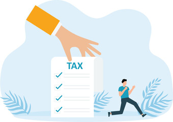 Hand gives notice pay tax financial but Businessman running away from tax concept
