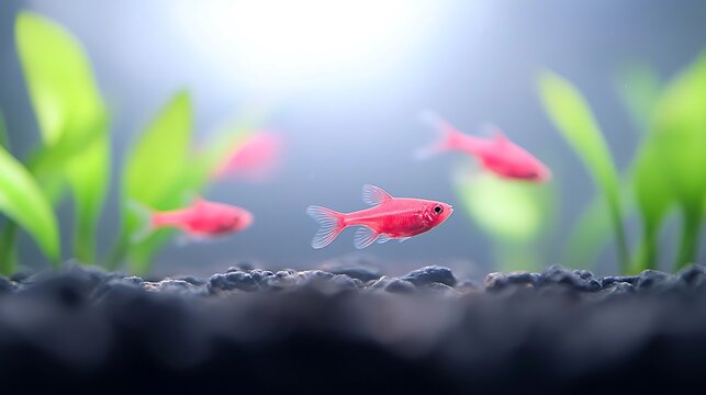 Vibrant pink glofish swim gracefully in a planted aquarium