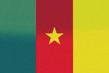 A stylized depiction of the national flag of Cameroon, featuring bold vertical stripes of green, red, and yellow, accentuated by a central yellow star, all rendered with a textured