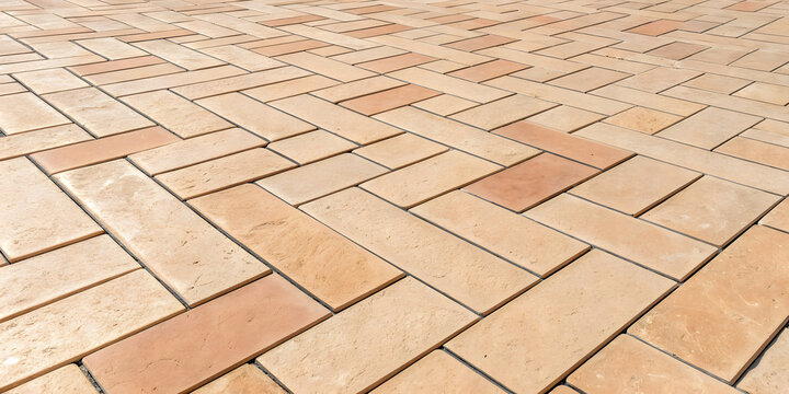 Warm terracotta and cream colored rectangular pavers in herringbone pattern with natural color variations creating rustic Mediterranean-style outdoor flooring design.