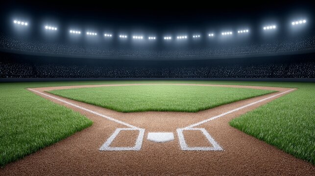 Baseball under stadium lights at night capturing the vivid glow on the field sports photography