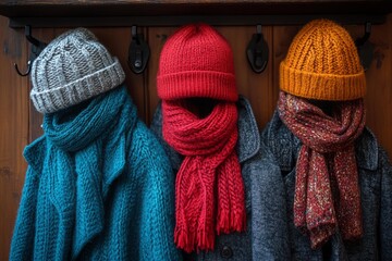 Winter knitted hats and scarves on hanging coats in hallway showing cozy seasonal outerwear and warmth