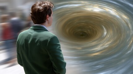 Exploring Gravitational Singularity: Scientist Engaged in Mathematical Visualization under Harsh Daylight, Back View Captured with Motion Blur in Depth Composition
