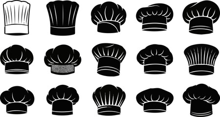 Isolated a kinds of deferent Chef hat silhouette icons set, professional cooking  kitchen uniform culinary logo concepts, food industry , chef hats for branding, menus, advertisements vector art, 