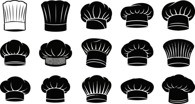 Isolated a kinds of deferent Chef hat silhouette icons set, professional cooking  kitchen uniform culinary logo concepts, food industry , chef hats for branding, menus, advertisements vector art, 