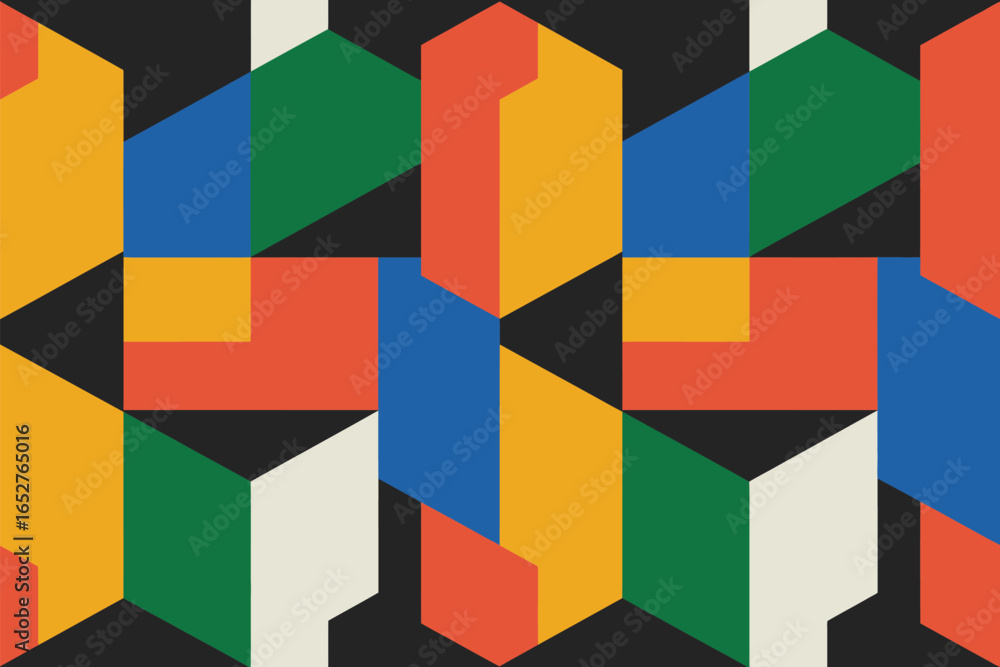 Poster a geometric pattern with overlapping shapes in vibrant colors on a dark background repeating design