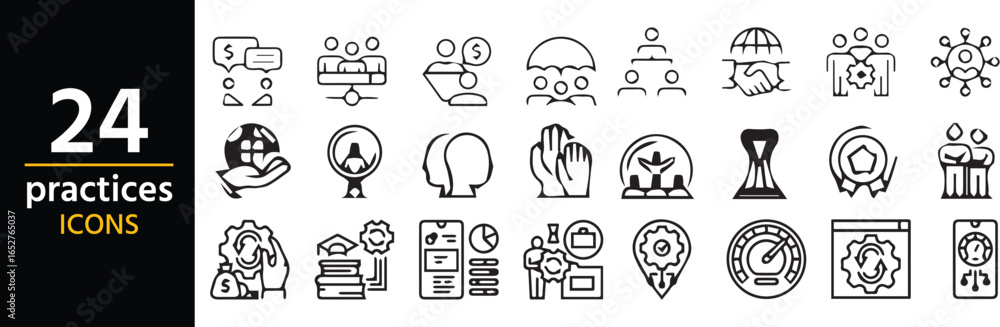 Aufkleber 24 practices icon set: a clean and informative collection of 24 practice icons is neatly arranged on