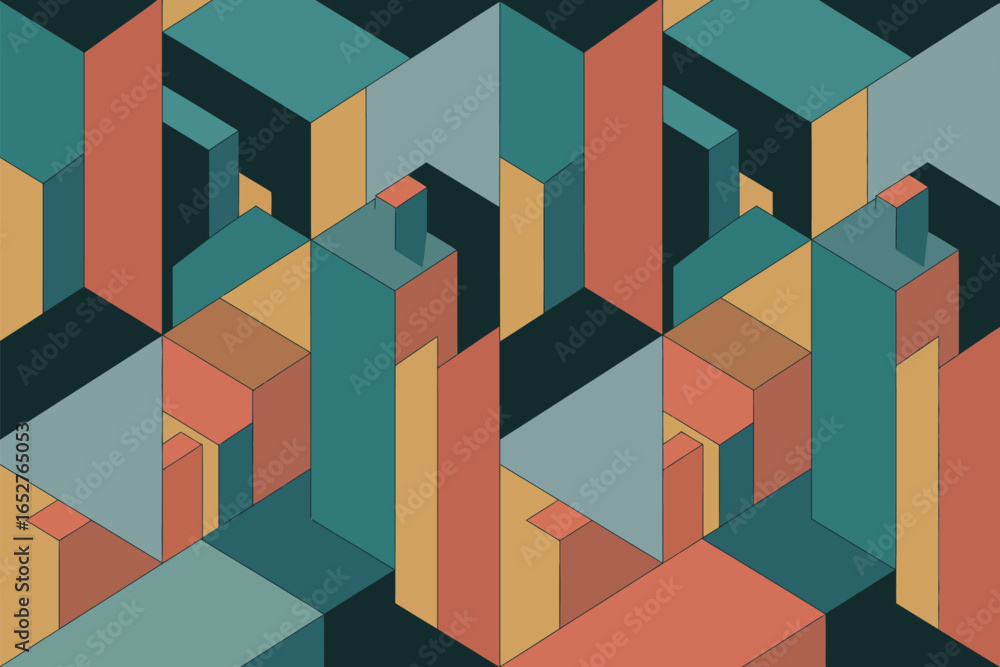 Poster geometric pattern featuring interconnected teal orange and yellow shapes in an isometric view style