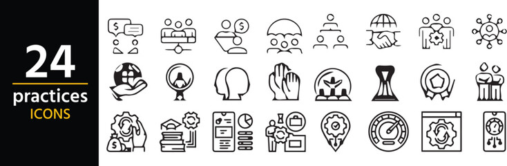 24 Practices Icon Set: A clean and informative collection of 24 practice icons is neatly arranged on a dark background. 