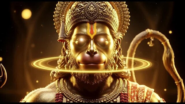 Majestic Golden Lord Hanuman with Glowing Eyes and Orbiting Cosmic Light Rings in a Celestial Animation