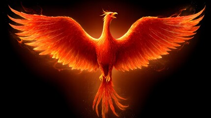 Obraz premium A fiery phoenix soars against a dark backdrop, its vibrant orange plumage and wings ablaze with an intense glow.
