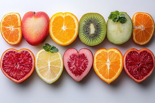 Fruit slices and whole fruits shaped like hearts arranged on white background with vibrant citrus and kiwi - Powered by Adobe