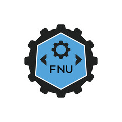 FNU Industrial Gear Logo Design – Engineering, Mechanical, and Construction Branding Icon. FNU Letter Logo.
