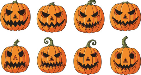 Isolated a kinds of deferent halloween pumpkin jack o lantern face set vector art with white background.