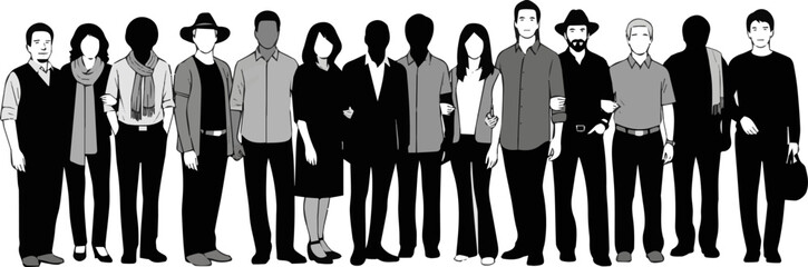 Isolated a kinds of deferent group of people standing silhouette in a row. people vector illustration on a white background and show the diversity and unity of the group. vector art .