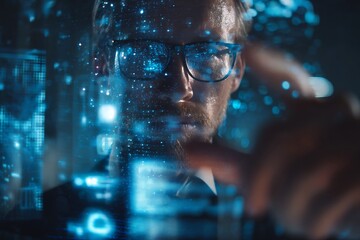 Visionary businessman interacts with futuristic digital interface, immersed in glowing data streams and innovation