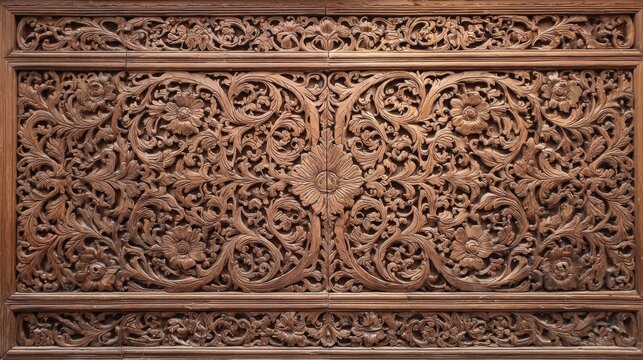 A beautifully carved teak wood panel featuring traditional Malay floral patterns along the edges.