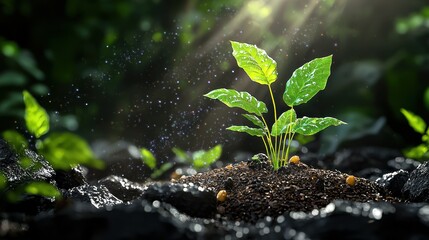 Pixelated Seedling Growing in Dark Soil with Sunlight Breaking Through Green Leaves