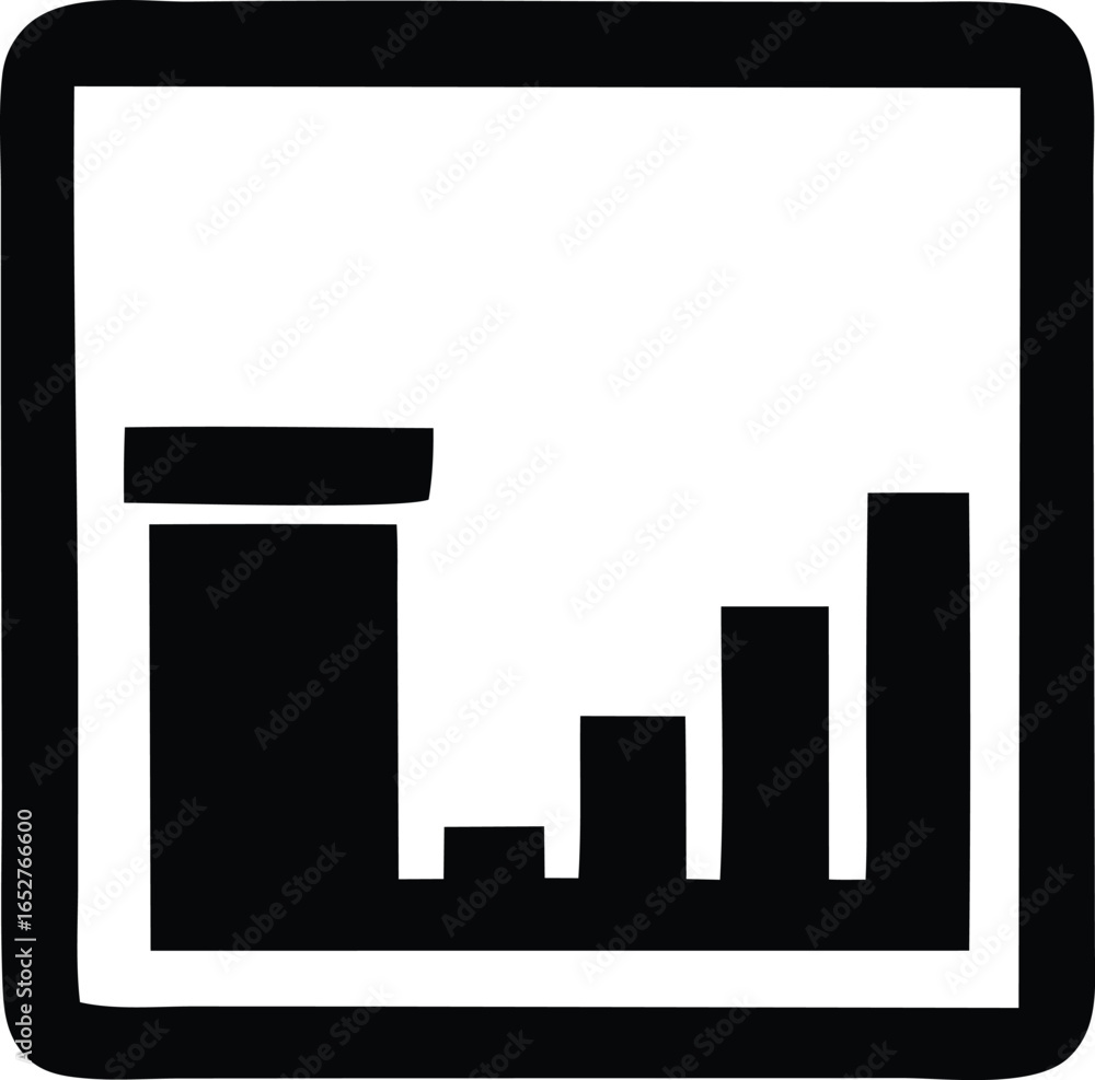 Poster simple black and white bar chart icon illustrating data trends and growth within a square frame