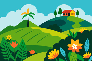 Obraz premium hillside farm of tropical flowering shrubs