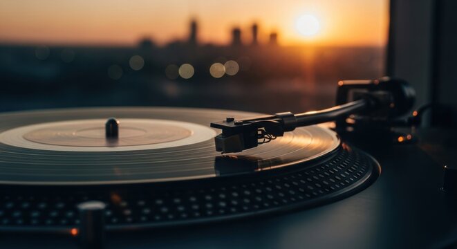 Turntable at sunset over cityscape.  Close-up view of a vinyl record player with a spinning disc.  Warm sunset light illuminates the city skyline in the background
