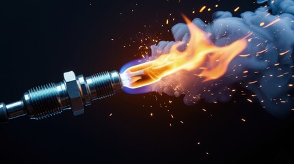 Concept of single engine sparkplug igniting gasoline or diesel fuel fumes. Vivid flames against black background. Mechanical engineering power and fire beauty. Internal combustion engine component. 